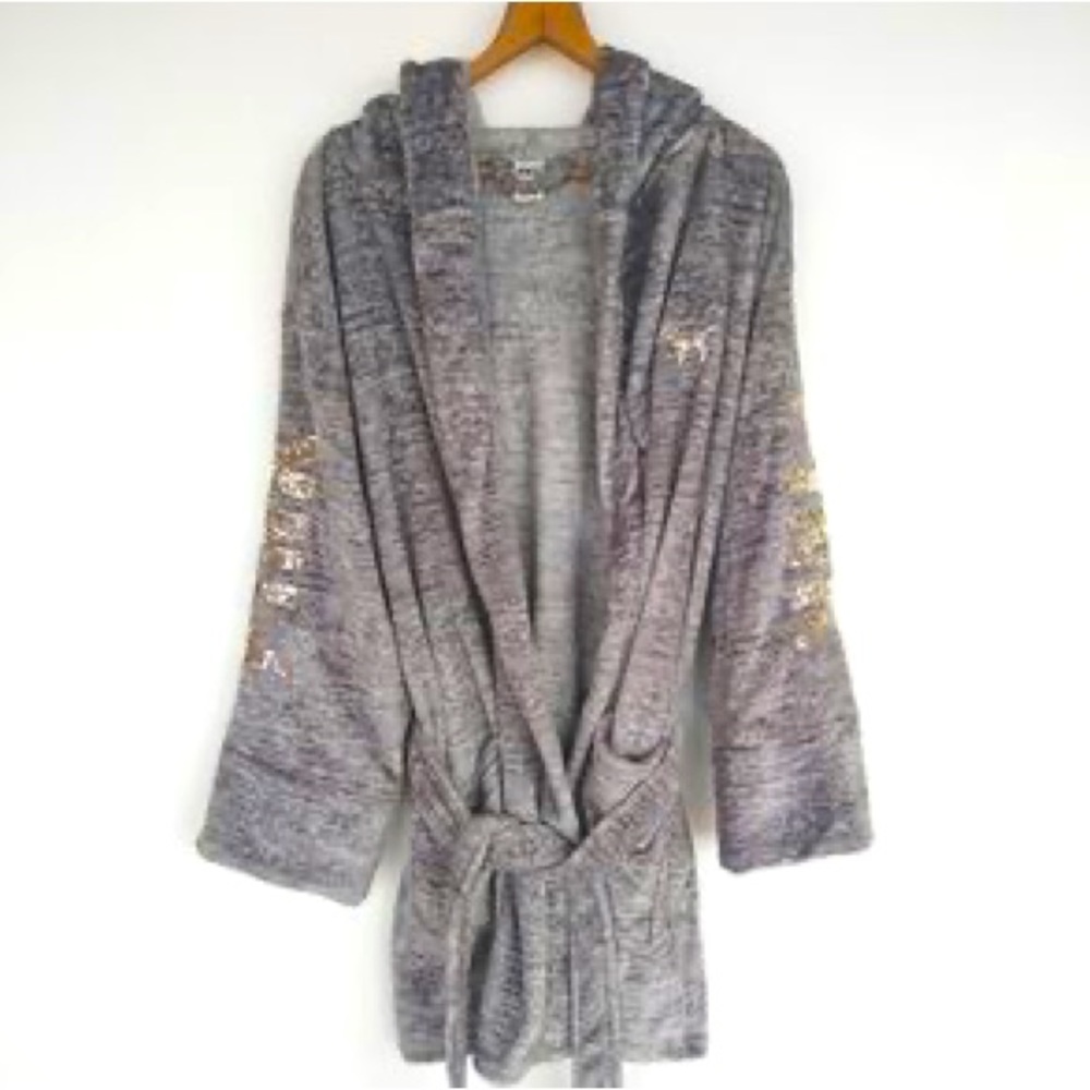 Victoria Secret PINK Marl Grey Plush Robe With Gold Sequins